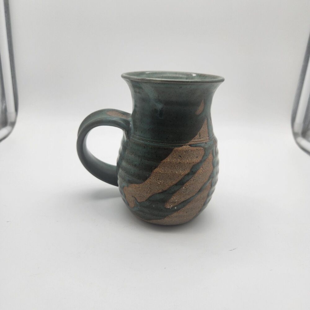 Studio Pottery Coffee Mug handmade artisan piece Grern Brown Glazed